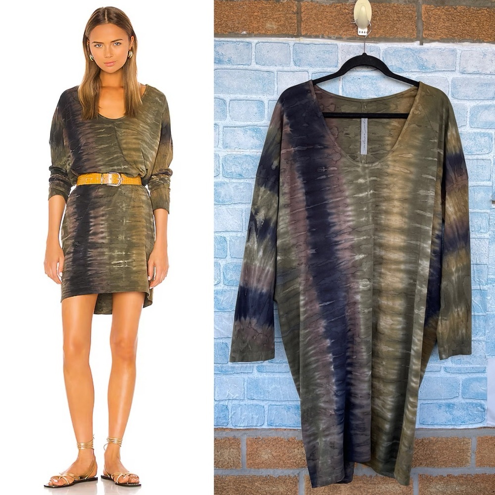 Raquel Allegra Olive Green and Navy Tie-Dye Long Sleeve Dress